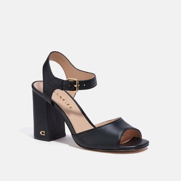 Coach Marla Sandal Women's Size 9.5 Black Leather Buckle Square Toe Block Heels - Picture 1 of 5